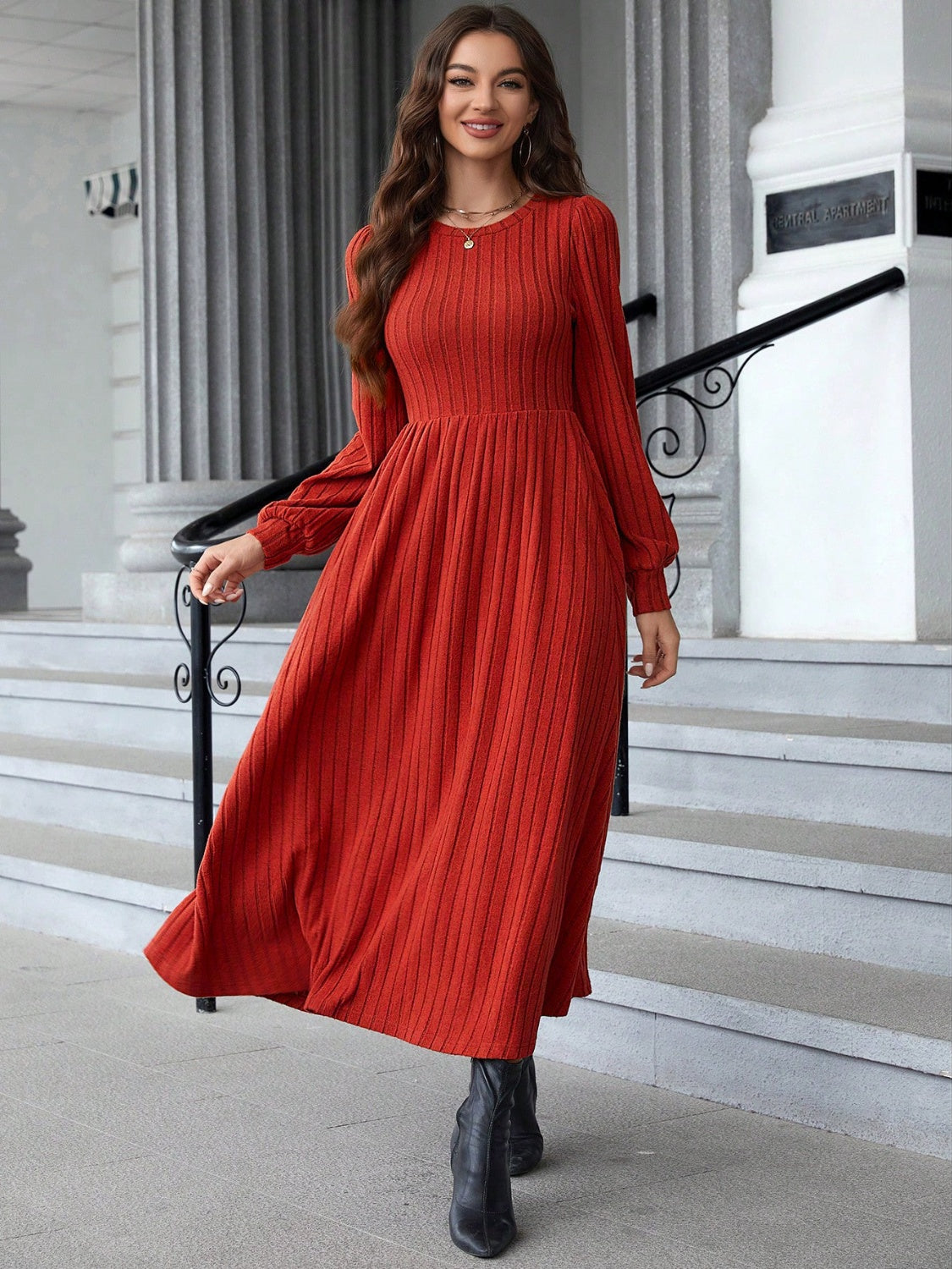 Ribbed Round Neck Long Sleeve Dress - Classique Collection