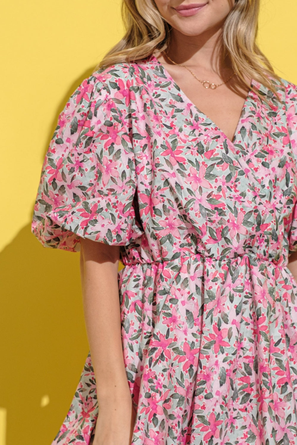 And The Why Full Size Floral Surplice Puff Sleeve Dress - Classique Collection