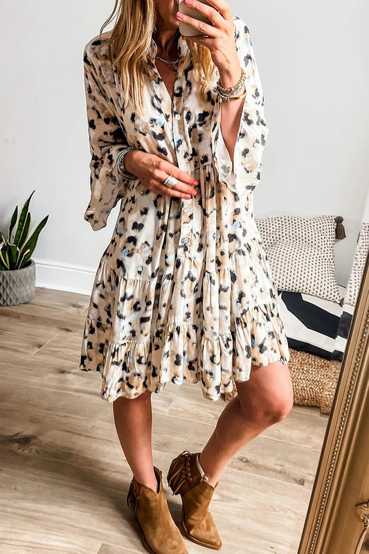 Leopard Notched Long Sleeve Tiered Dress - Classique Collection