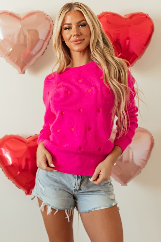 Red Heart Shape Drop Shoulder Round Neck Sweater - Classique Collection