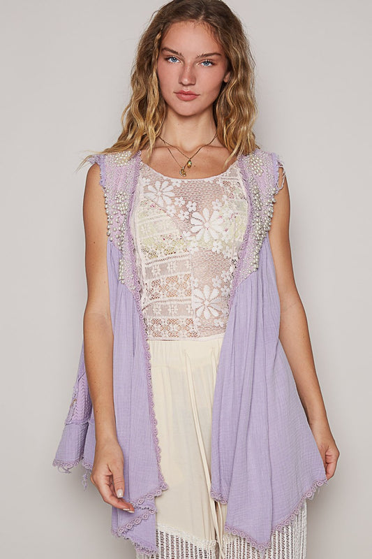 POL Embroidered Pearls Open Front Sleeveless Cardigan - Classique Collection