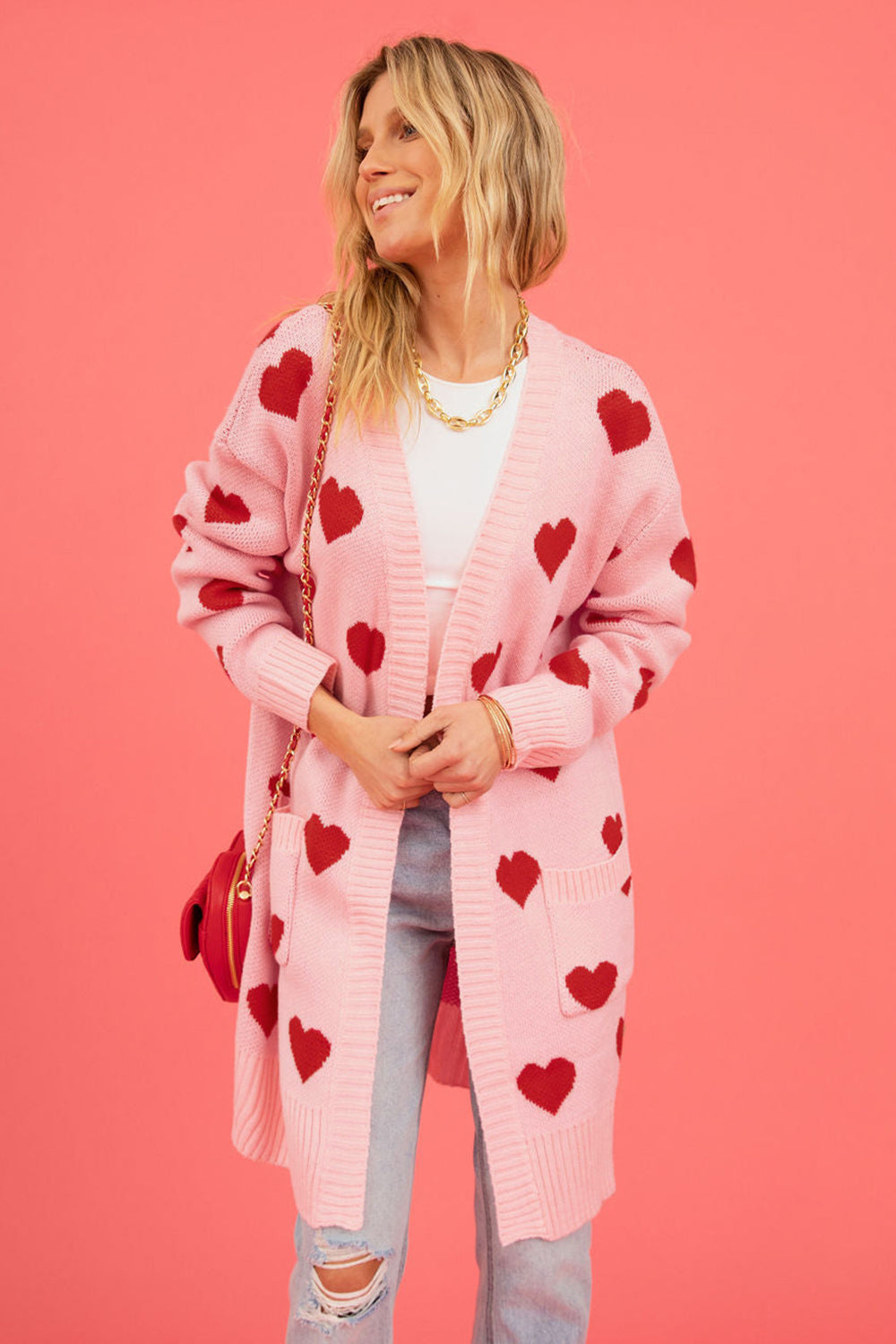 Heart Graphic Open Front Cardigan with Pockets - ClassiQ
