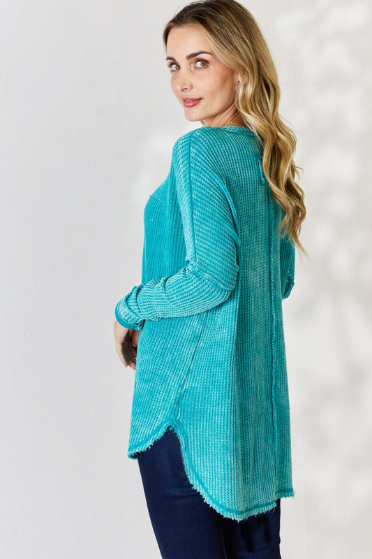 Zenana Oversized Washed Waffle Long Sleeve Top - Classique Collection