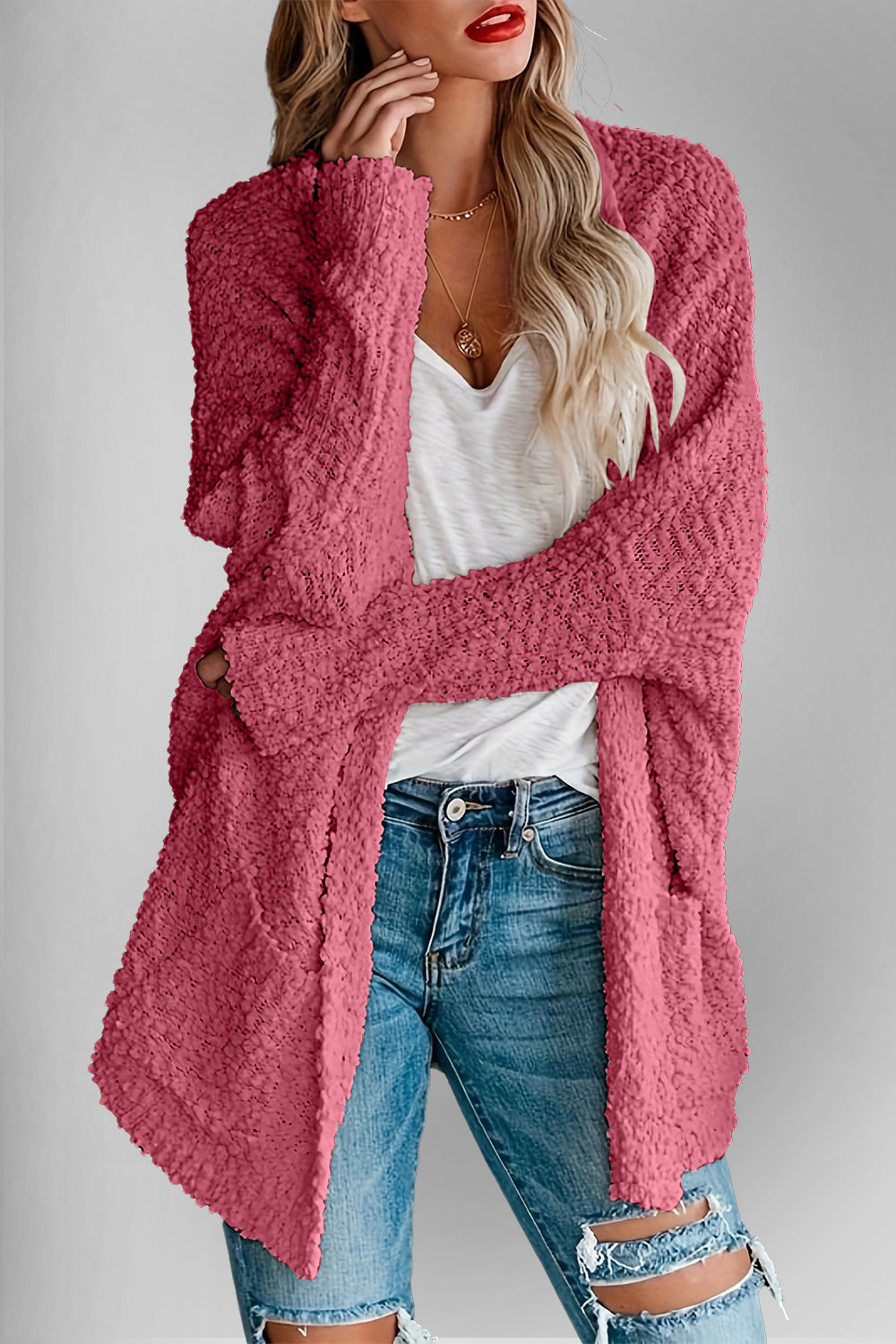 Double Take Pocketed Open Front Long Sleeve Cardigan - ClassiQ