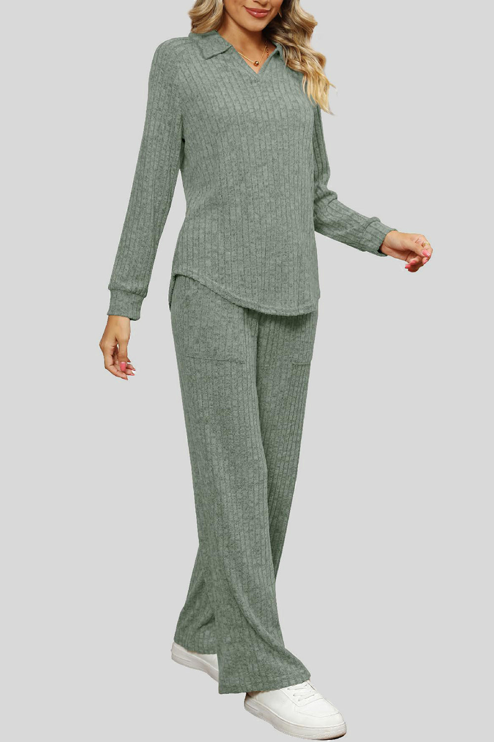 Ribbed Long Sleeve Top and Pocketed Pants Set - ClassiQ