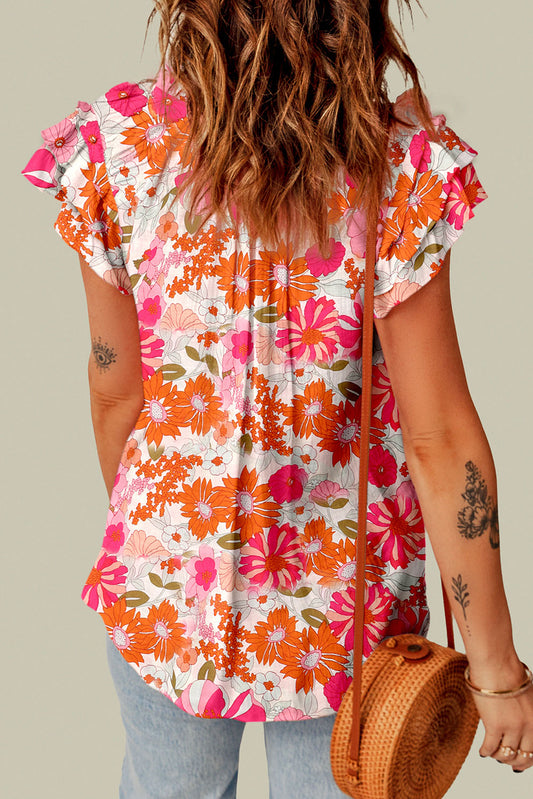 Floral Tie Neck Flutter Sleeve Blouse - ClassiQ
