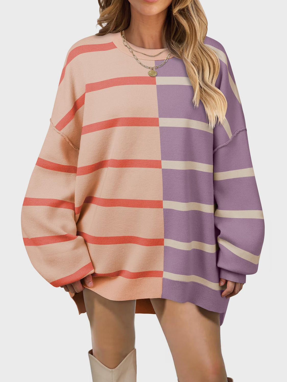 Striped Round Neck Long Sleeve Sweater - ClassiQ