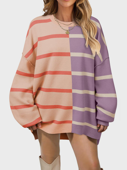 Striped Round Neck Long Sleeve Sweater - ClassiQ