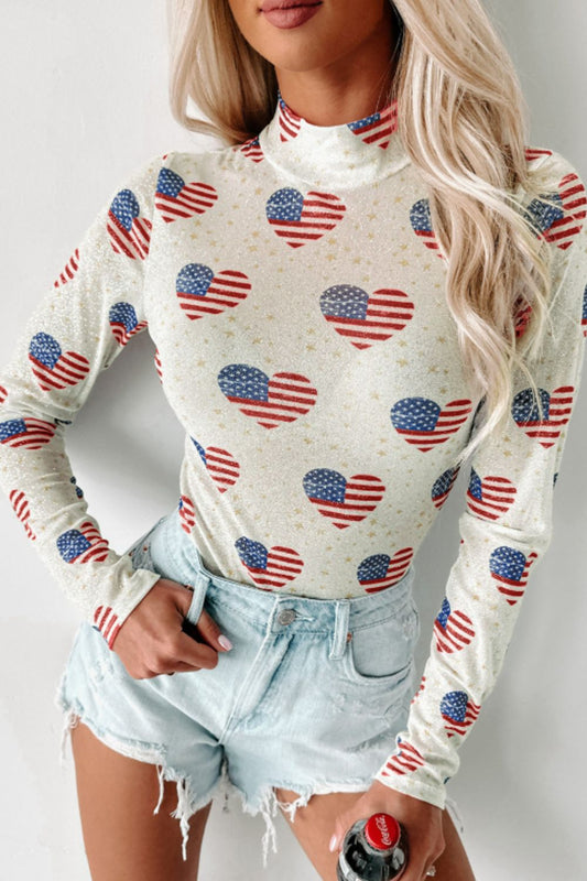 US Flag Heart Mock Neck Long Sleeve Bodysuit - Classique Collection