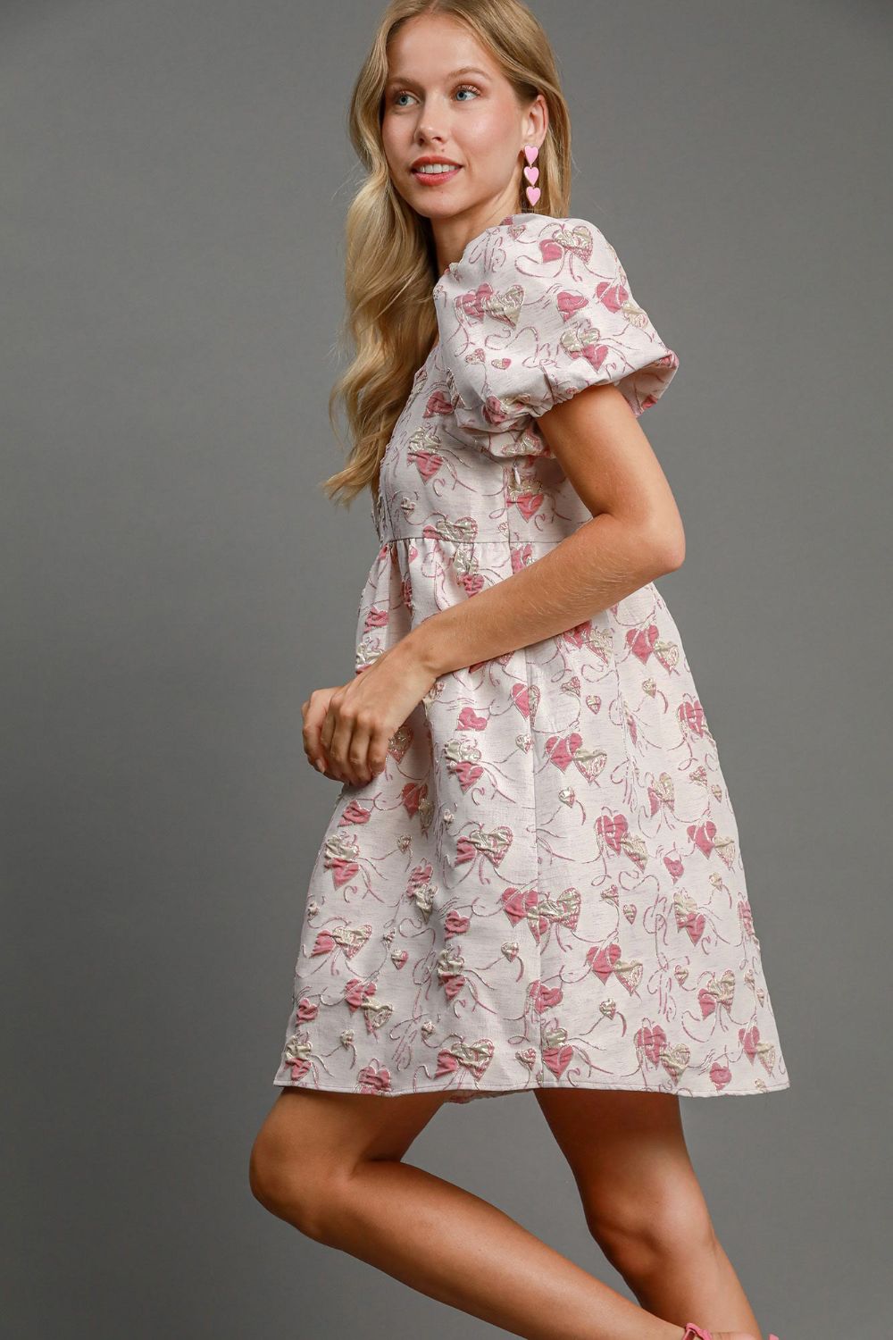 Umgee Heart Jacquard Square Neck Puff Sleeve Mini Dress - Classique Collection