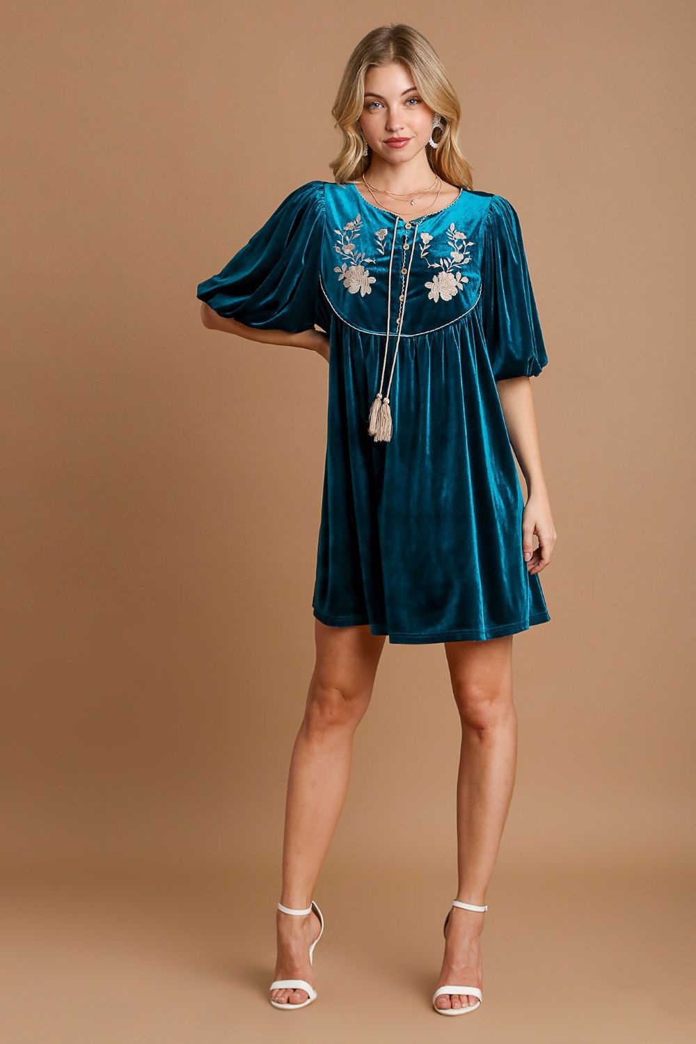 Umgee Embroidered Half Sleeve Velvet Mini Dress with Tassel - Classique Collection