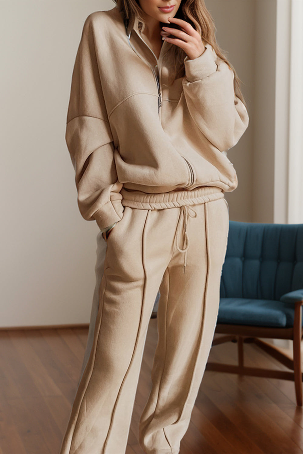 Zip Up Long Sleeve Top and Pants Set - ClassiQ