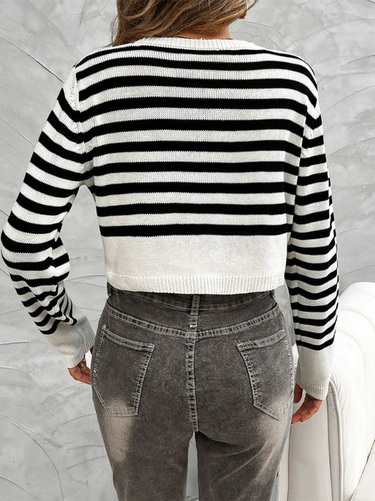 Devine Striped Round Neck Button Down Cardigan - Classique Collection