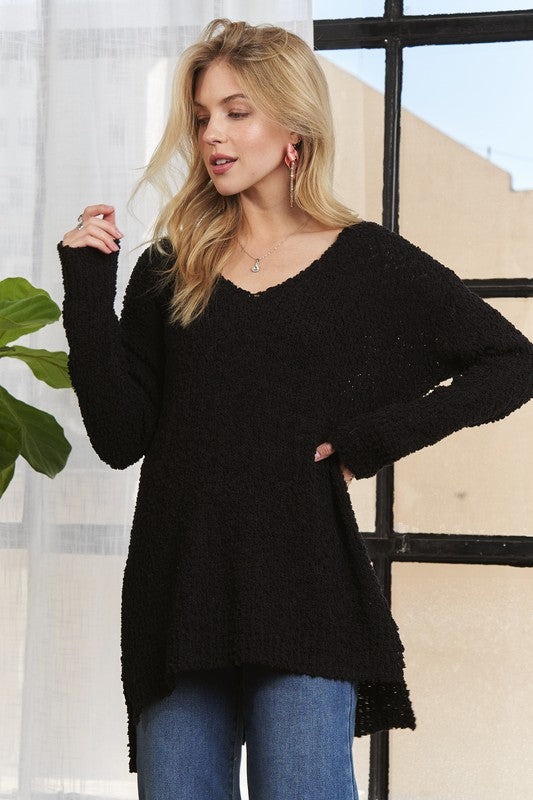 ADORA High-Low Side Slit V-Neck Sweater - ClassiQ