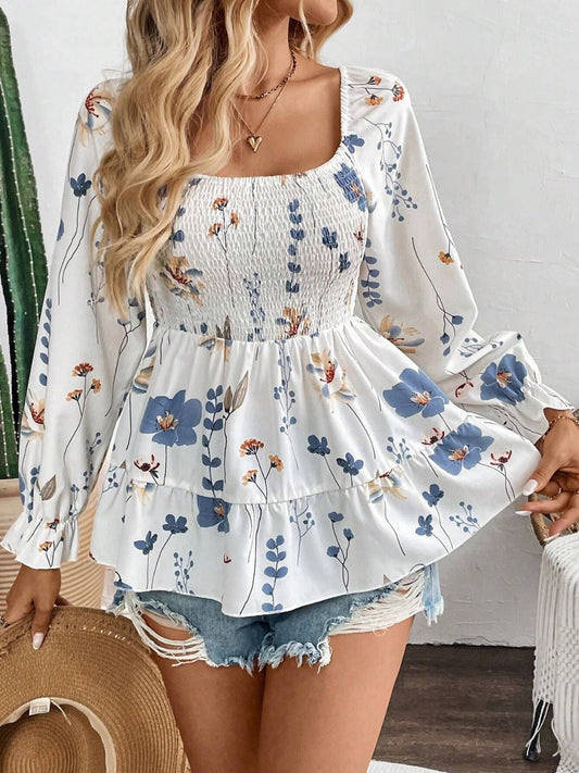 Smocked Floral Scoop Neck Flounce Sleeve Blouse - Classique Collection