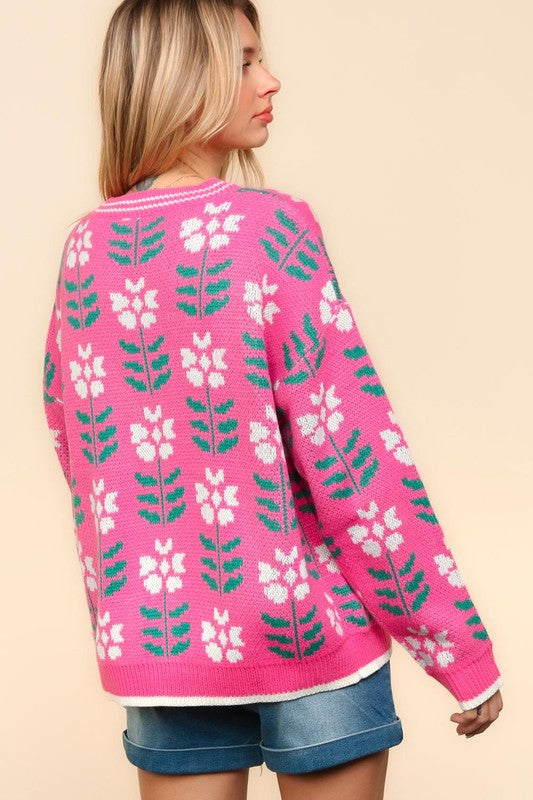 Haptics Full Size Floral Jacquard V-Neck Button Up Cardigan - ClassiQ