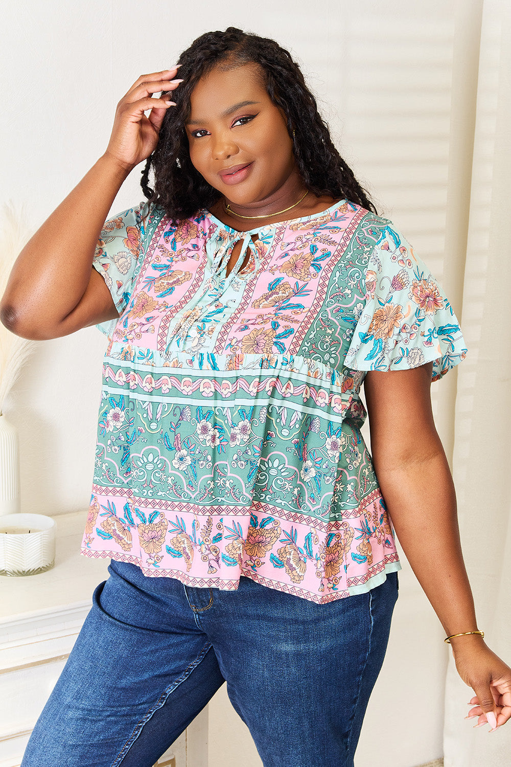 Perfee Floral Tie Neck Short Sleeve Blouse - Classique Collection