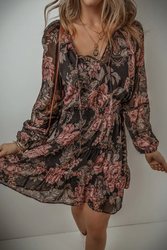 Printed Tie Neck Long Sleeve Mini Dress - Classique Collection