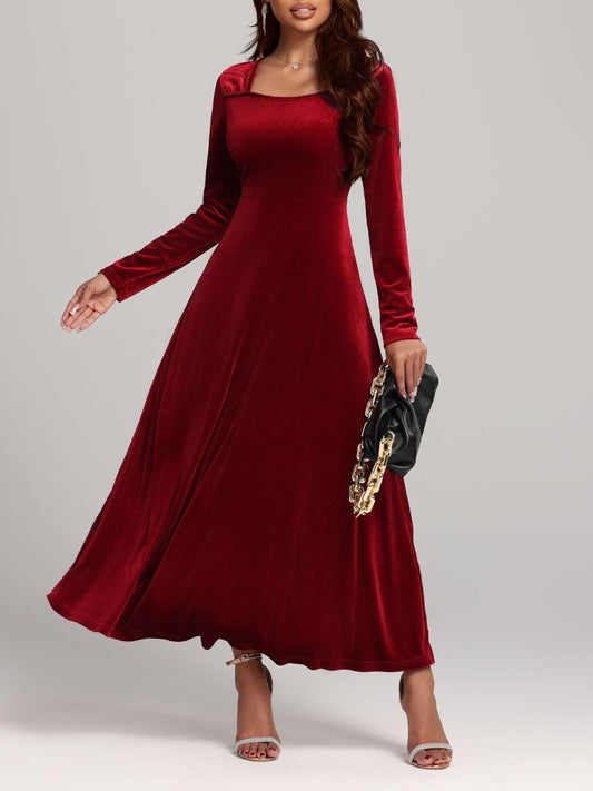 Square Neck Long Sleeve Velvet Dress - Classique Collection