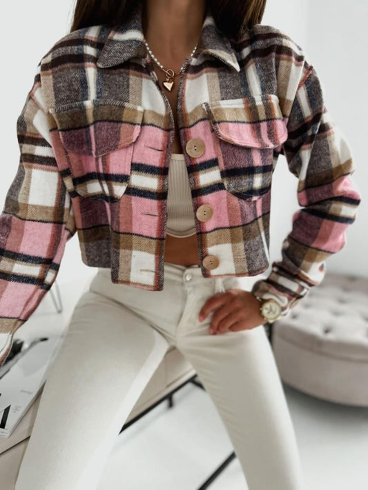 Pocketed Collared Neck Long Sleeve Plaid Jacket - Classique Collection