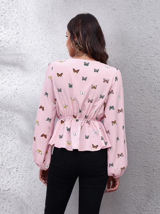 Butterfly V-Neck Balloon Sleeve Peplum Blouse - ClassiQ