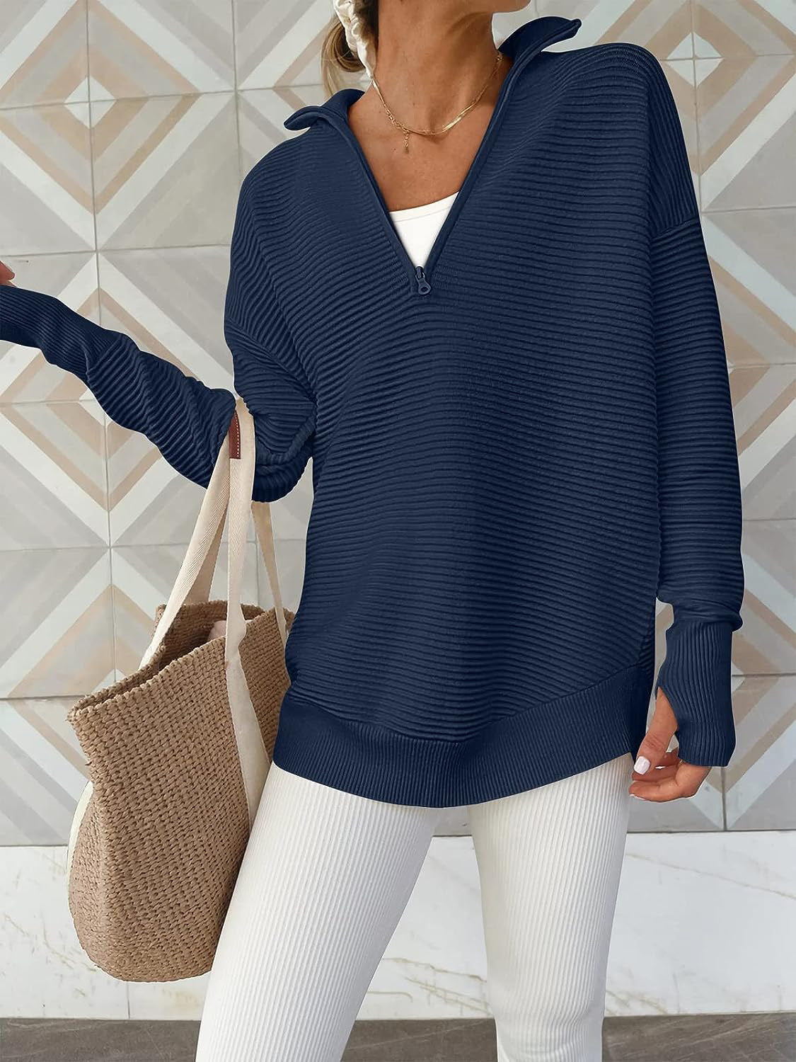 Half Zip Long Sleeve Knit Top - ClassiQ