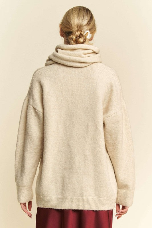Davi & Dani V-Neck Dropped Shoulder Sweater with Scarf - ClassiQ