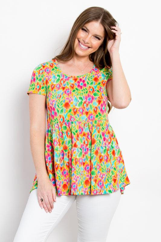 Be Stage Floral Short Sleeve Babydoll Top - Classique Collection