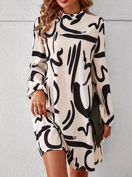 Printed Mock Neck Long Sleeve Mini Dress - Classique Collection