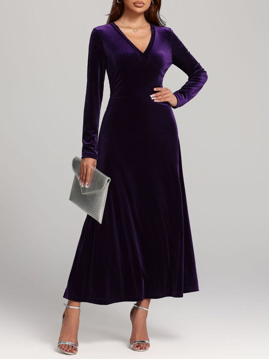 V-Neck Long Sleeve Velvet Dress - Classique Collection