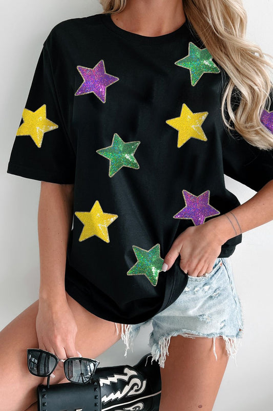 Sequin Stars Patched Round Neck T-Shirt - Classique Collection