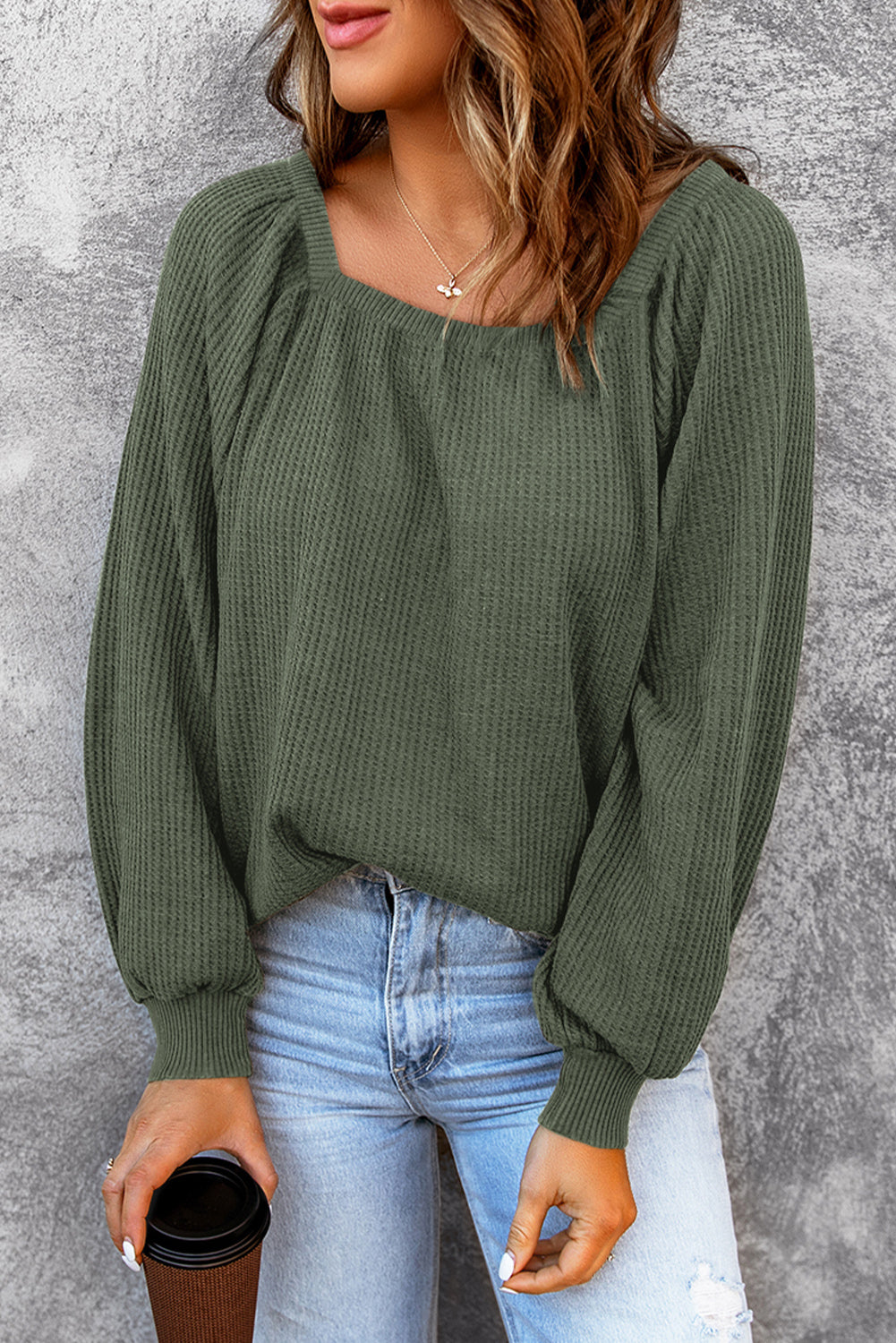 Square Neck Waffle-Knit Top - Classique Collection
