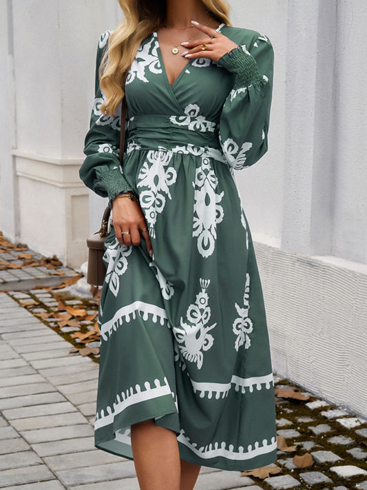 Devine Printed Surplice Lantern Sleeve Midi Dress - Classique Collection