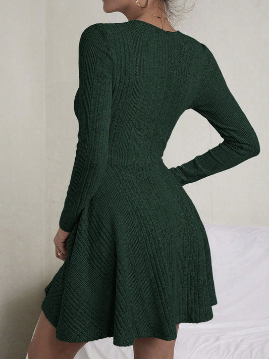 Textured Round Neck Long Sleeve Dress - Classique Collection
