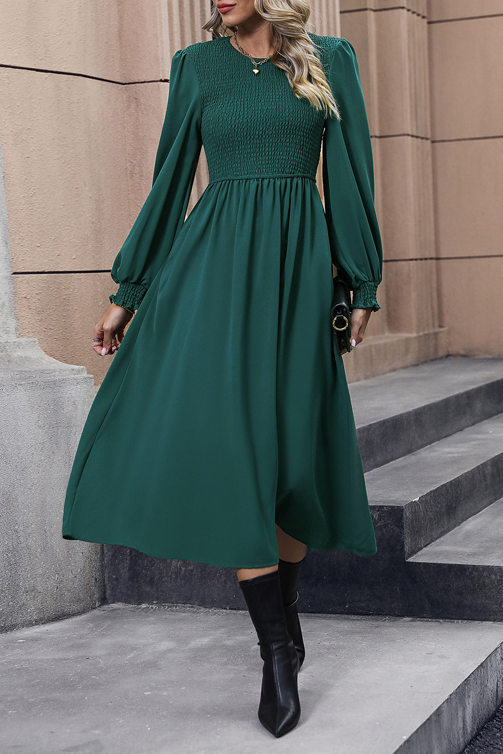 Perfee Smocked Long Sleeve Midi Dress - Classique Collection