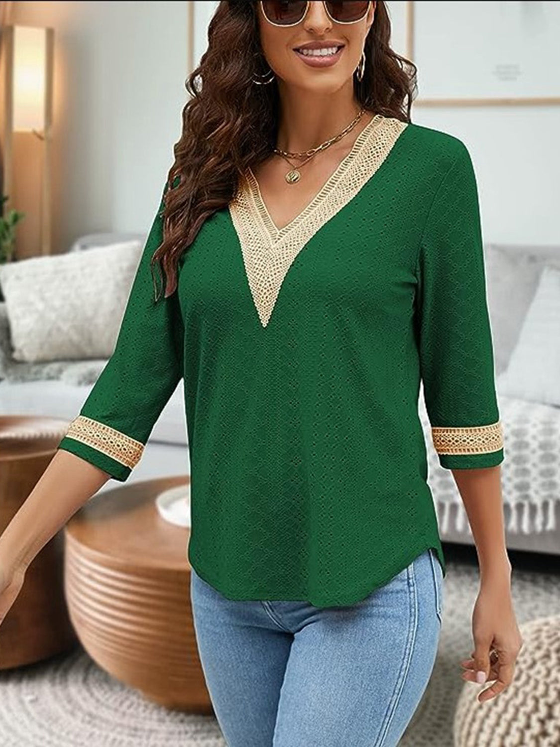 V-Neck Eyelet Blouse - Classique Collection