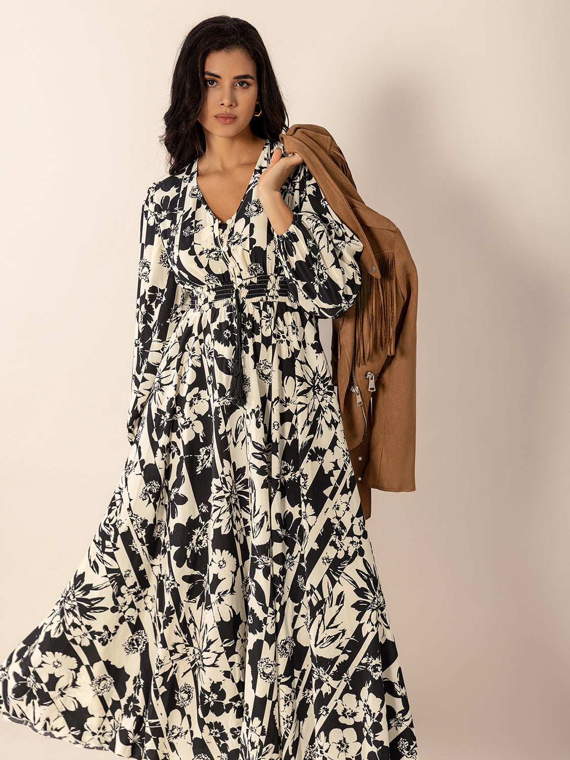 Tied Printed V-Neck Long Sleeve Midi Dress - Classique Collection