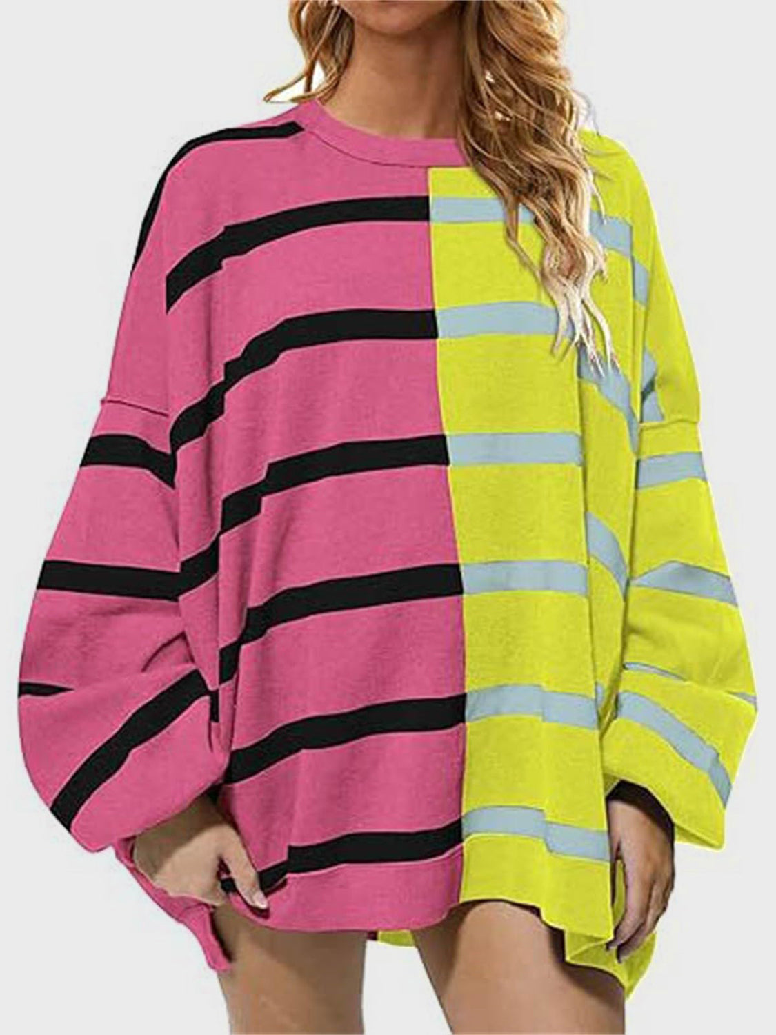 Striped Round Neck Long Sleeve Sweater - ClassiQ