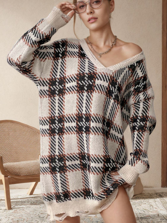 Distressed Plaid V-Neck Long Sleeve Sweater Dress - Classique Collection