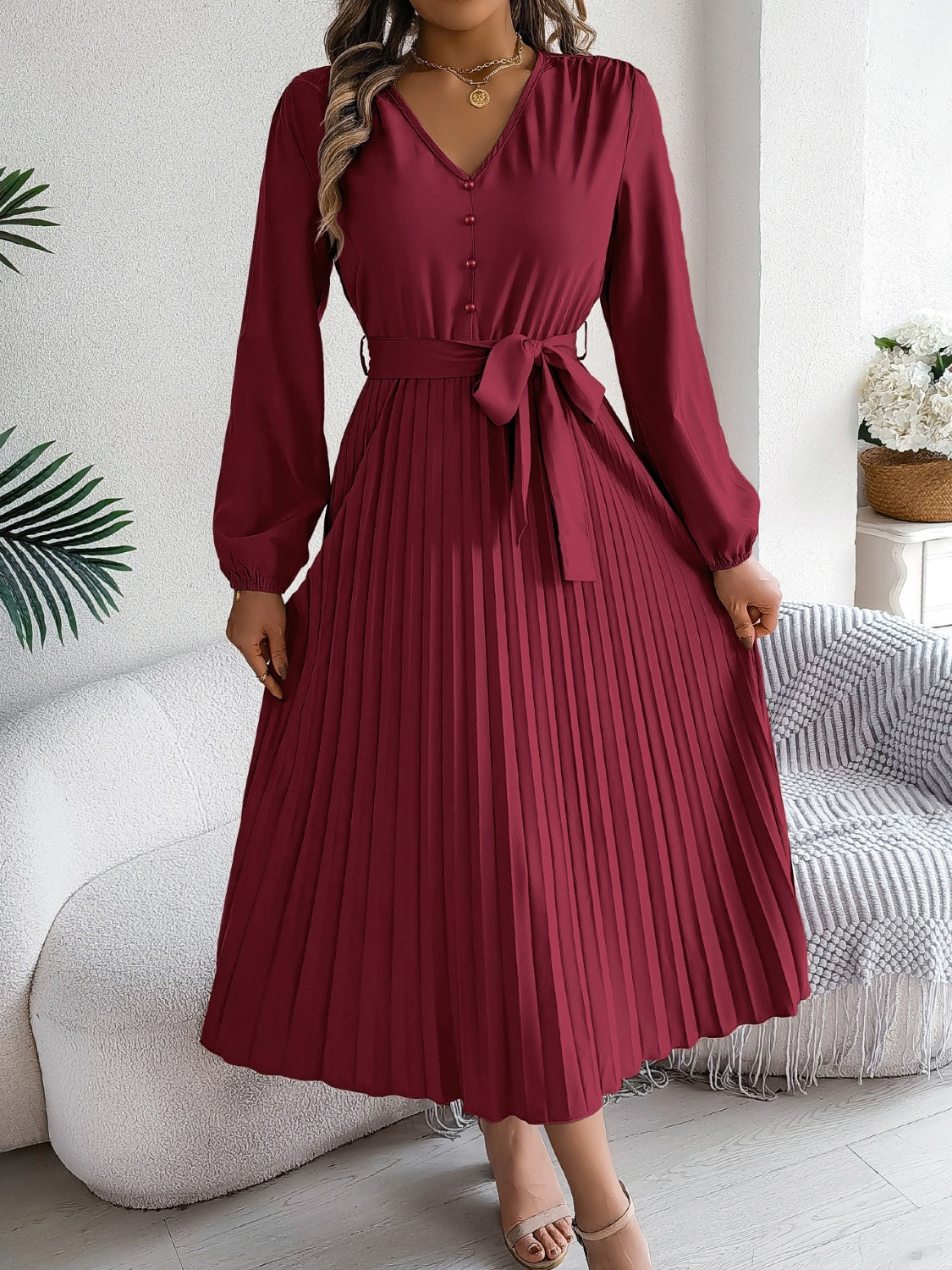 Pleated Tied V-Neck Long Sleeve Dress - Classique Collection
