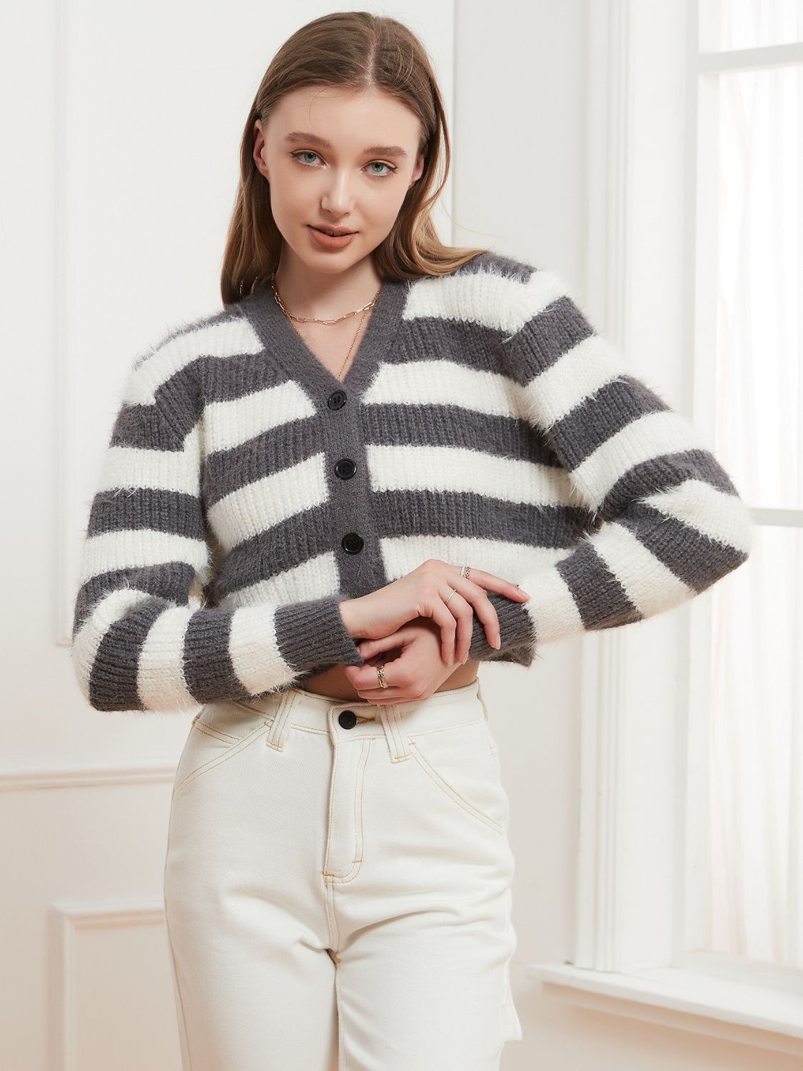 Button Down V-Neck Striped Cardigan - ClassiQ