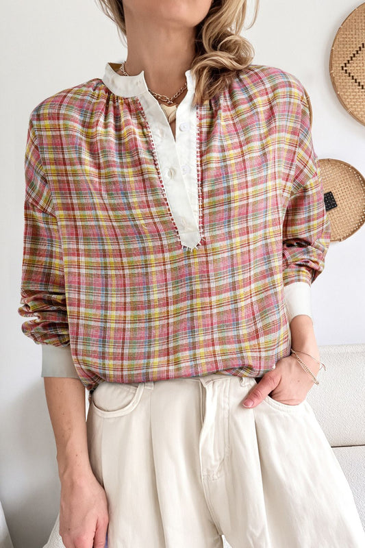 Mulit-Color Plaid Round Neck Long Sleeve Blouse - Classique Collection
