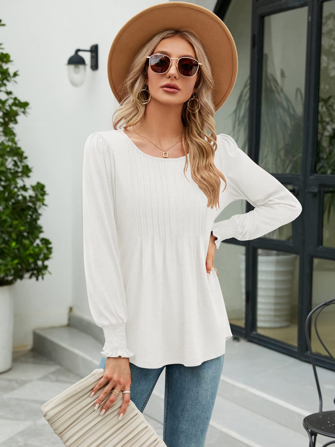 Smocked Round Neck Lantern Sleeve Blouse - Classique Collection