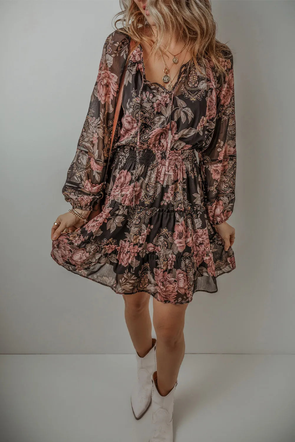 Printed Tie Neck Long Sleeve Mini Dress - Classique Collection