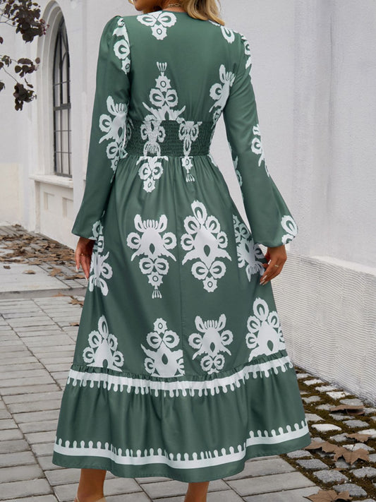 Devine Ruffled Printed Plunge Long Sleeve Dress - Classique Collection