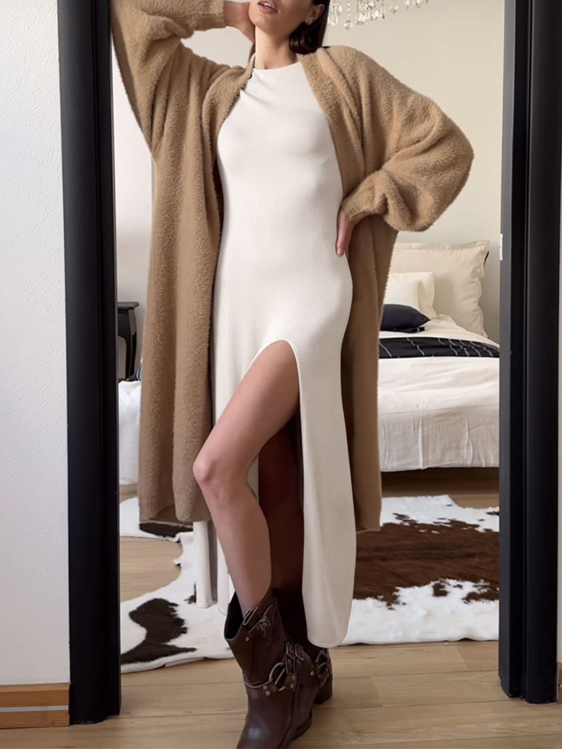 Side Slit Round Neck Long Sleeve Dress - Classique Collection