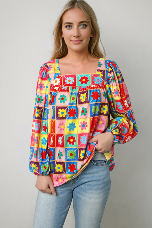 Printed Square Neck Balloon Sleeve Top - Classique Collection