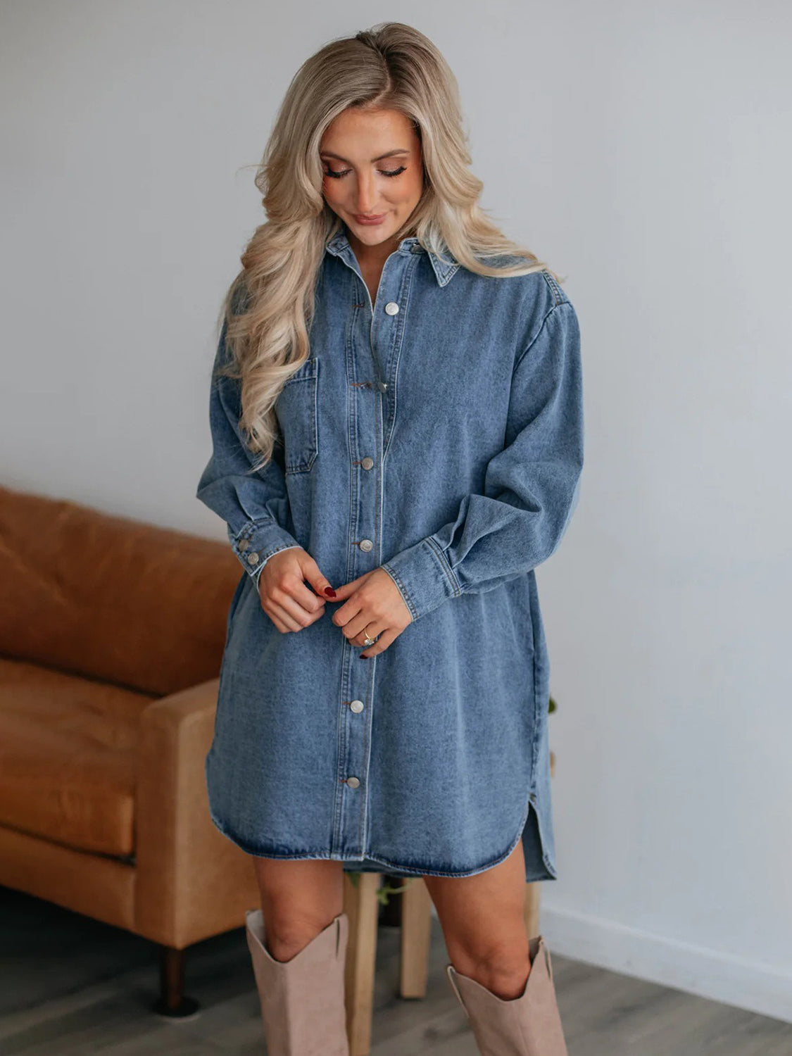 Button Up Collared Neck Long Sleeve Denim Dress - Classique Collection