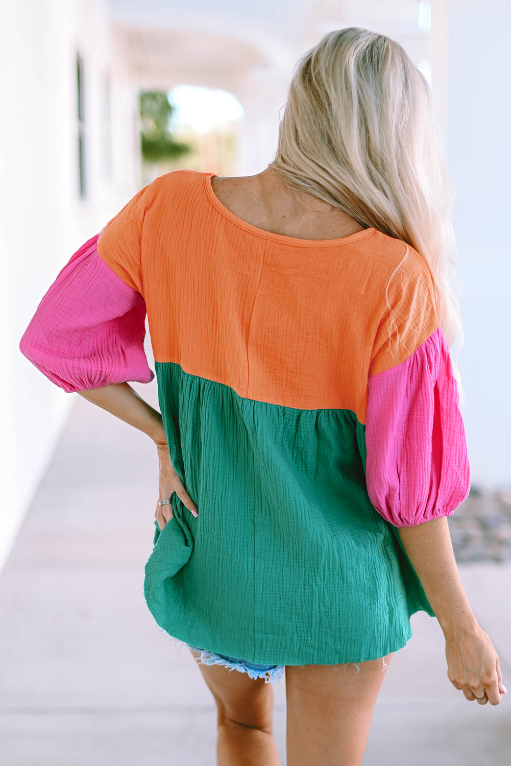 Color Block V-Neck Babydoll Blouse - Classique Collection