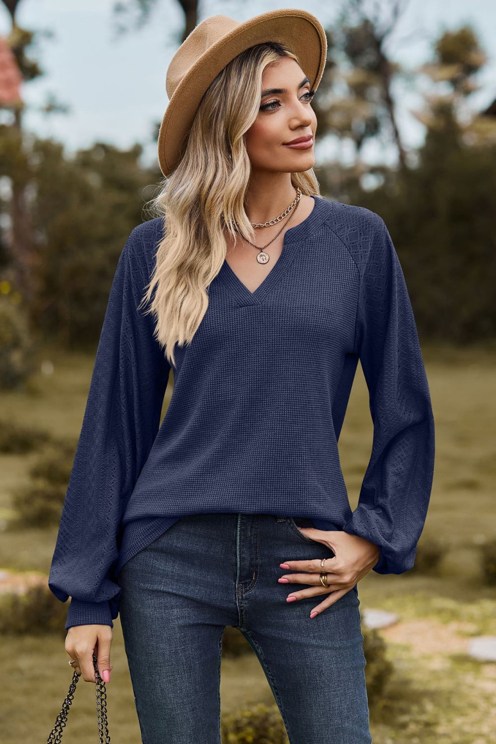 Notched Neck Raglan Sleeve Blouse - Classique Collection